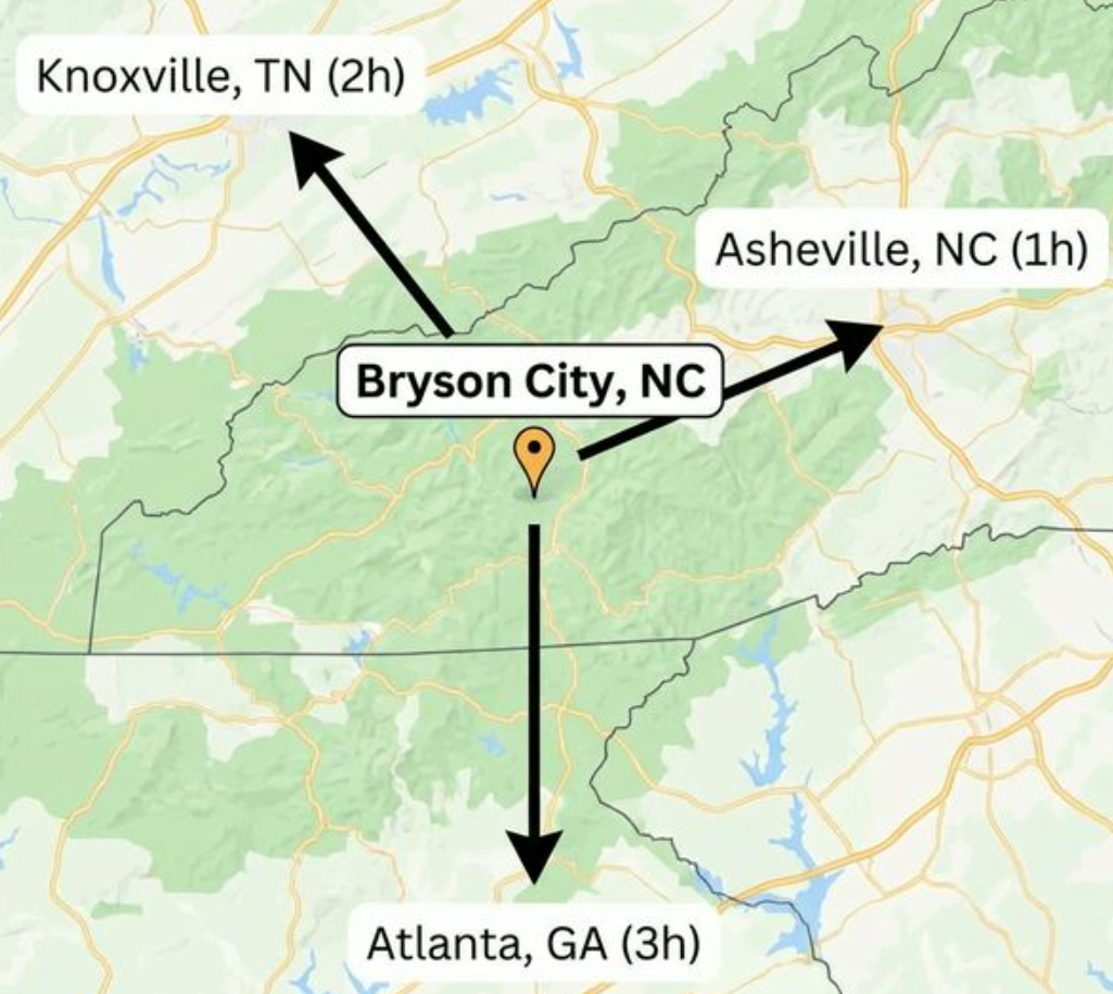 Market access map showing Bryson City within driving distance of Asheville, Knoxville, and Atlanta