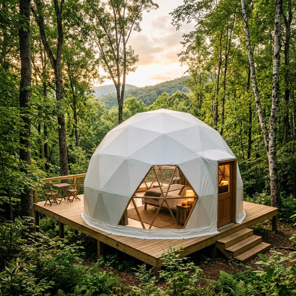 White geodesic dome glamping suite — Ferncrest franchise partnership